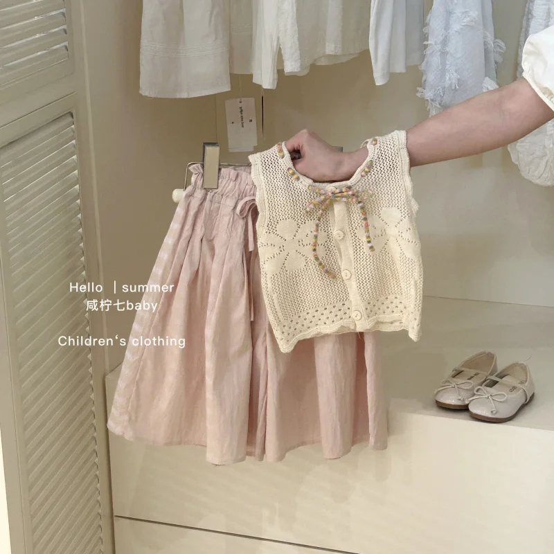 2025Girls' Summer New Hollow-out Cool Knitted Vest Thin Suit