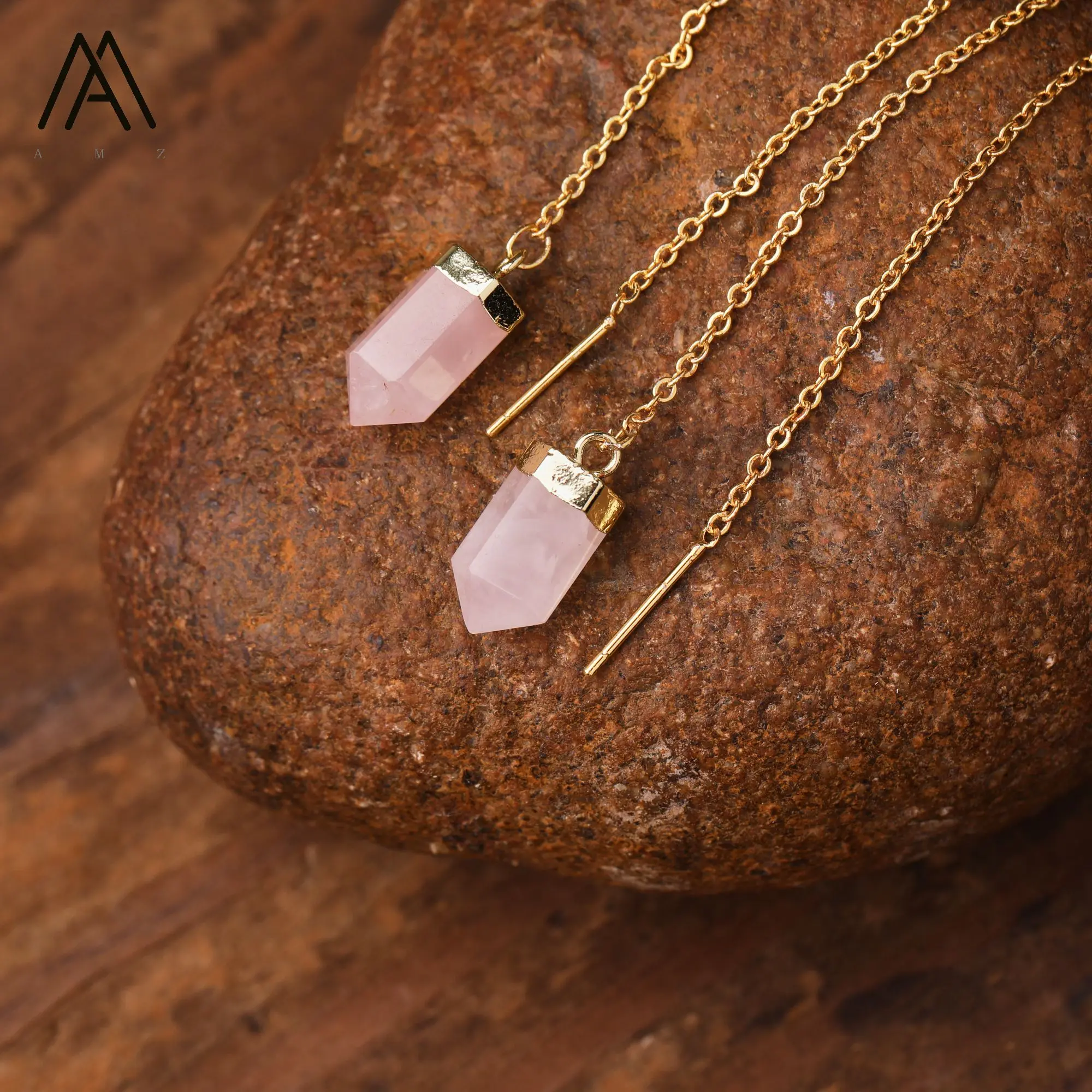 Minimalist Earrings Natural Stone Amazonite Amethyst Healing Crystal Point Quartz Wire Earring Romantic Jewelry