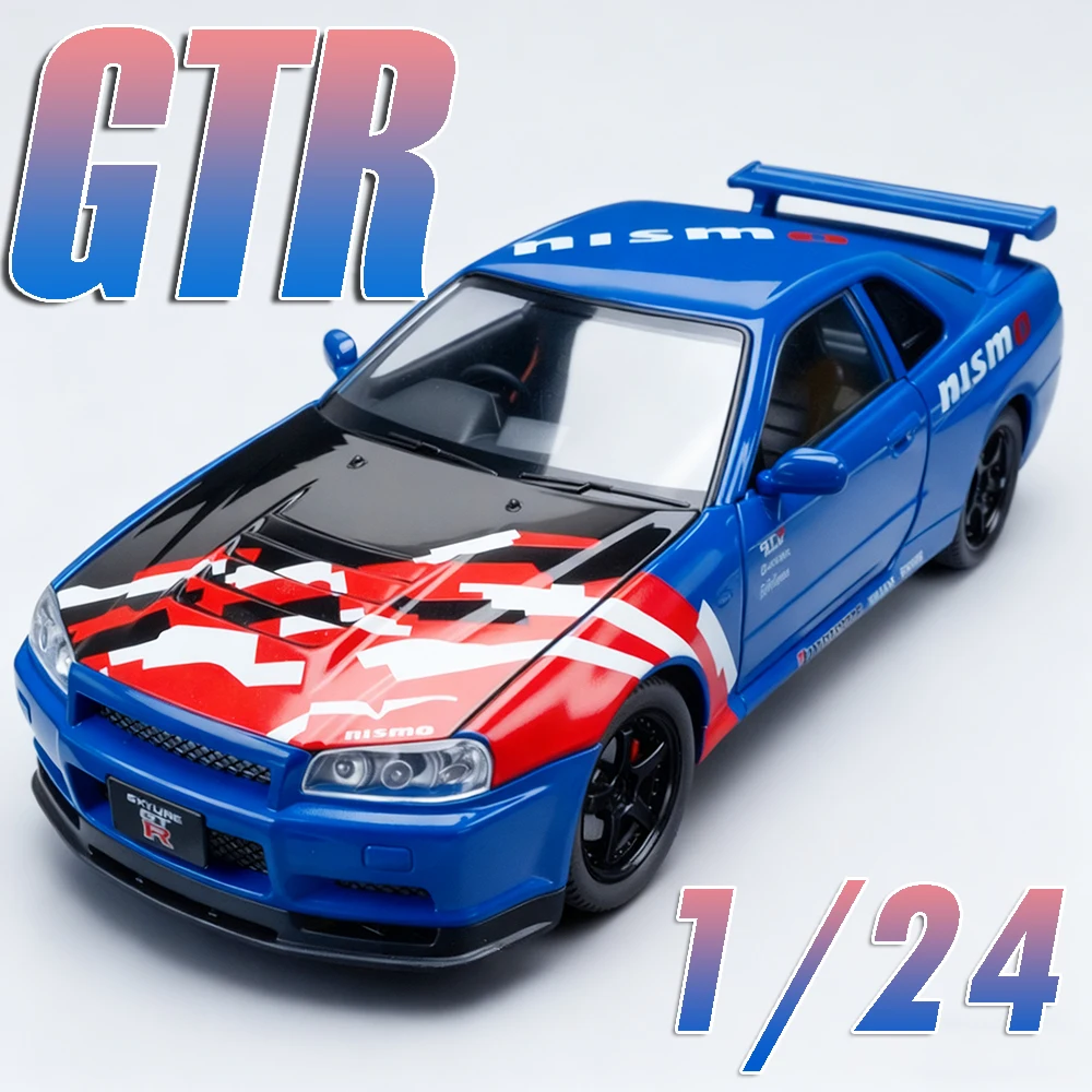 1:24 gtr skyline r34 modelo de brinquedo supercares metal diecast roda dianteira direção absorção choque puxar para trás coleção carro esportivo brinquedo