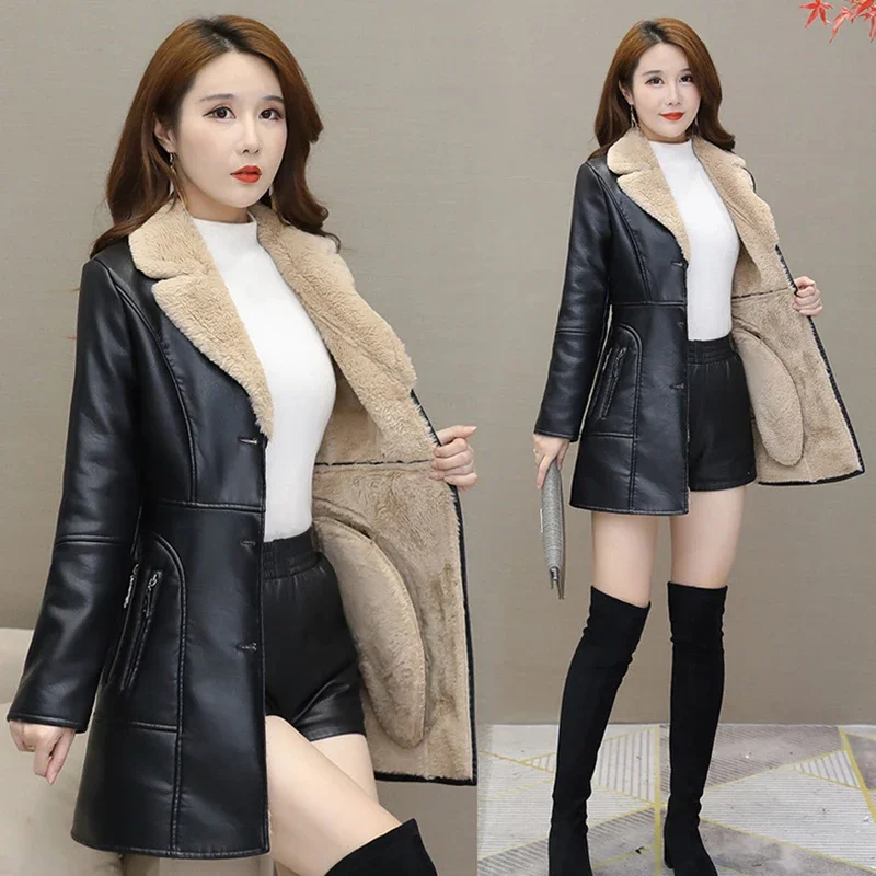 Women's PU Jacket 2024 New Style Autumn Winter Thick Velvet Korean Version Slim artificial Jacket