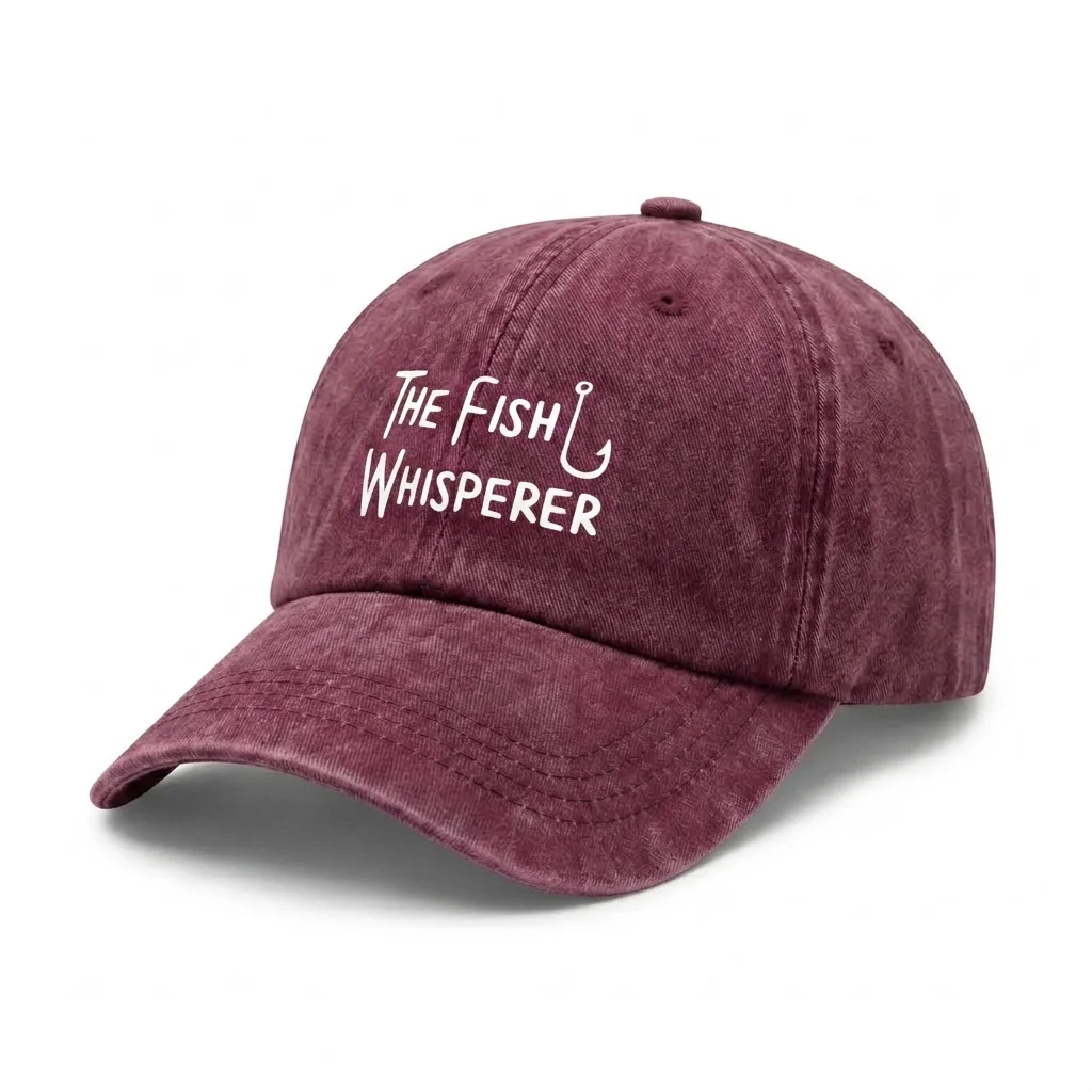Vintage Washed Fish Whisperer Quote Print Baseball Cap, Adjustable Unisex Dad Hat with Metal Buckle, Fishing Angler Gift for Men