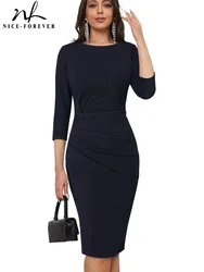 Nice-Forever Autumn Women Elegant Plain Office Dresses Formal Business Work Vintage Bodycon Slim Dress B717