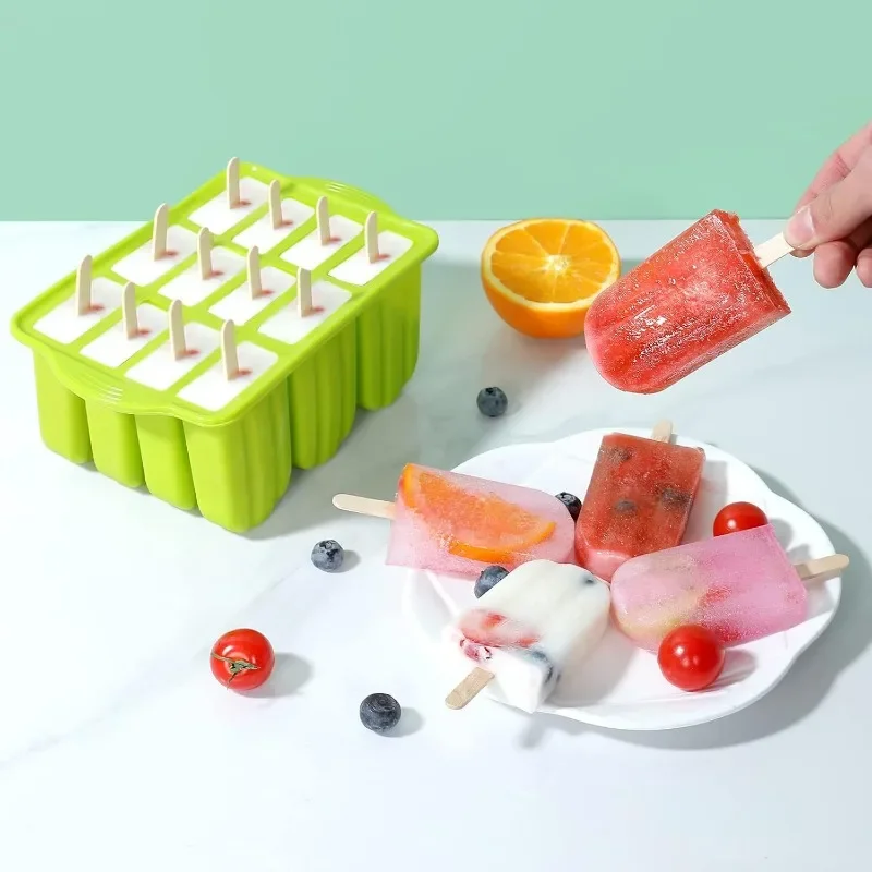 Silicone Popsicle Mold 12 Pieces Popsicle Tray Frozen Homemade Ice Cream Popsicle Mold Leak-proof Cover Summer DIY Snacks