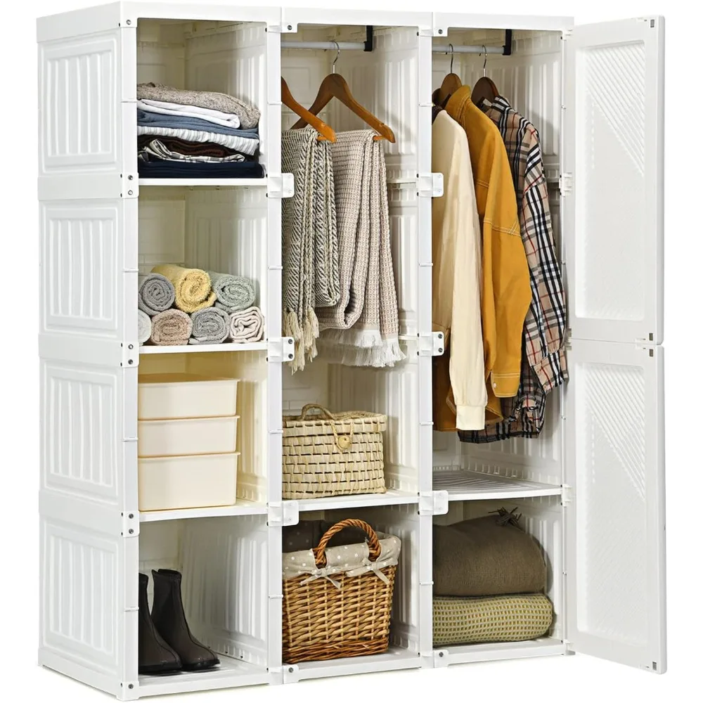 Portable Closet Wardrobe, Foldable Clothes Organizer w/Cubby Storage, Hanging Rods,Easy Assemble Clothing Storage w/Magnet Doors