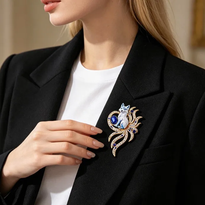 Cross border new retro animal brooch, diamond studded nine tailed raccoon brooch, high-end light luxury pin suit accessory