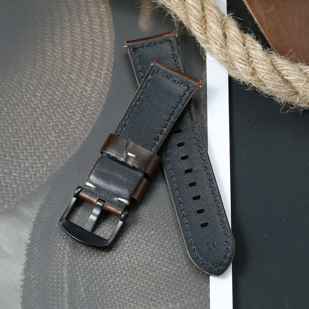 Men's Oil Wax Discoloration Stainless Steel Black Buckle Wristwatch Strap 20mm 22mm Wrist Belt Vintage Replacement Watch Band