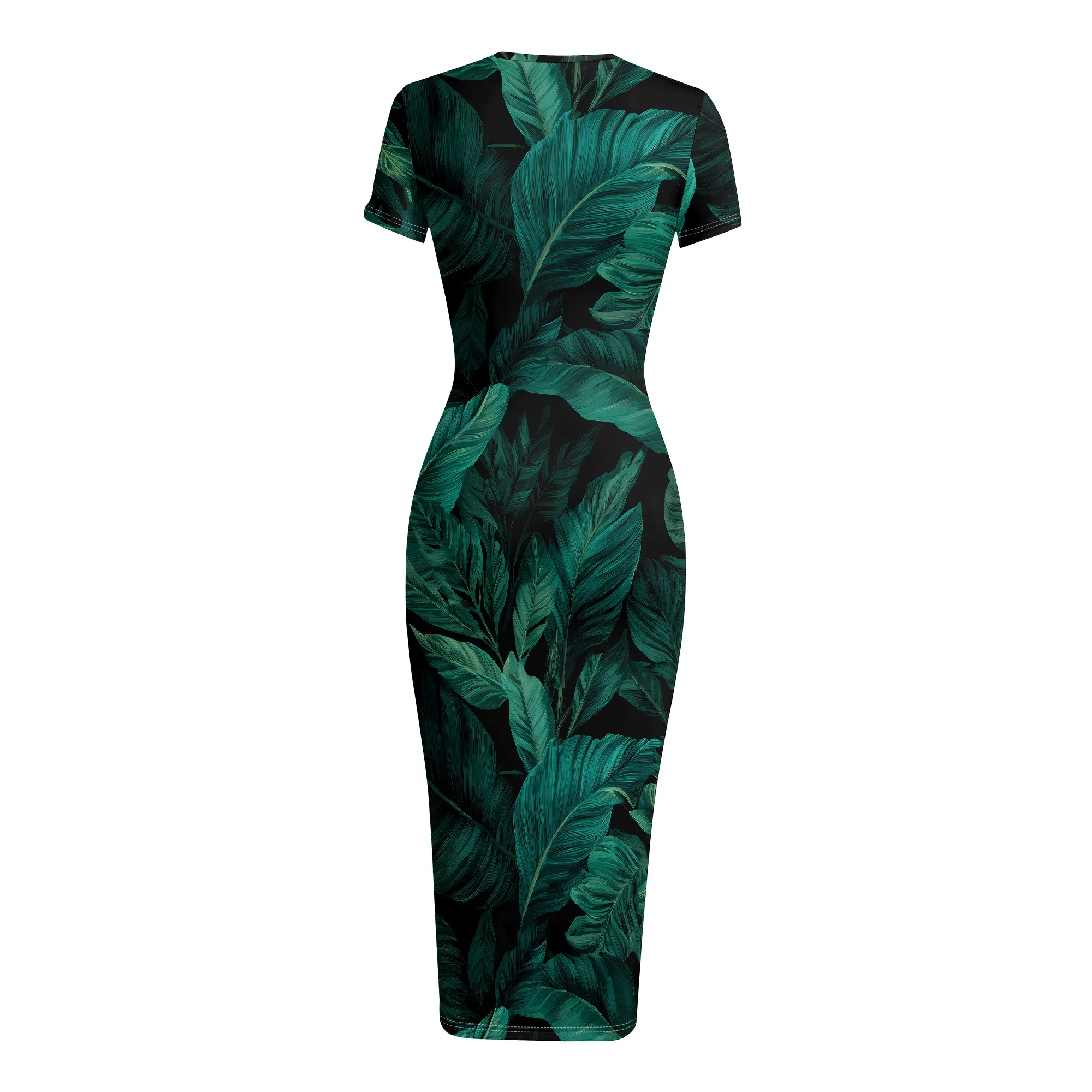 Green Leaf Print Dress, Tropical Plant Pattern Midi Dress, Short Sleeve Bodycon Dress for Women, Summer Casual Party Wear, S-2XL