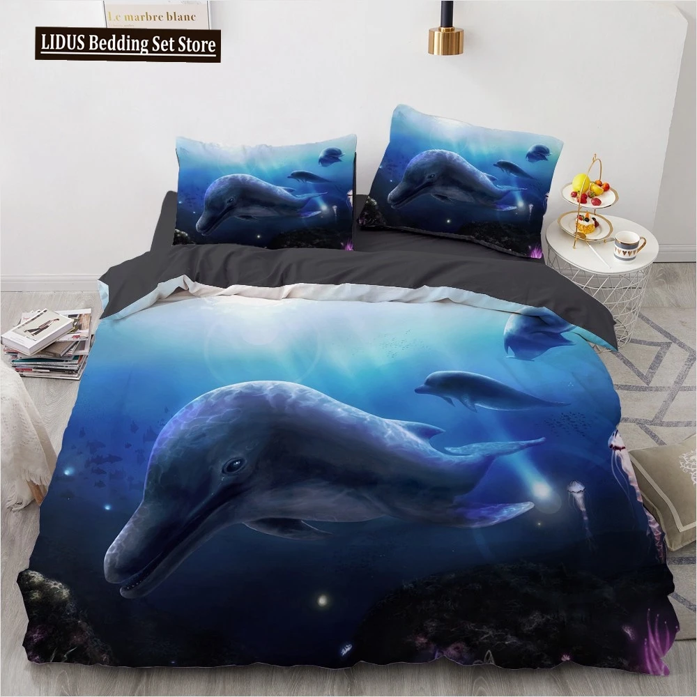 

Fashion 3D Bedding Sets Sea Dolphin Blue Duvet Cover Set Cute Duvet Cover Pillowcase Luxury Home Texitle Queen Full Size 140x200