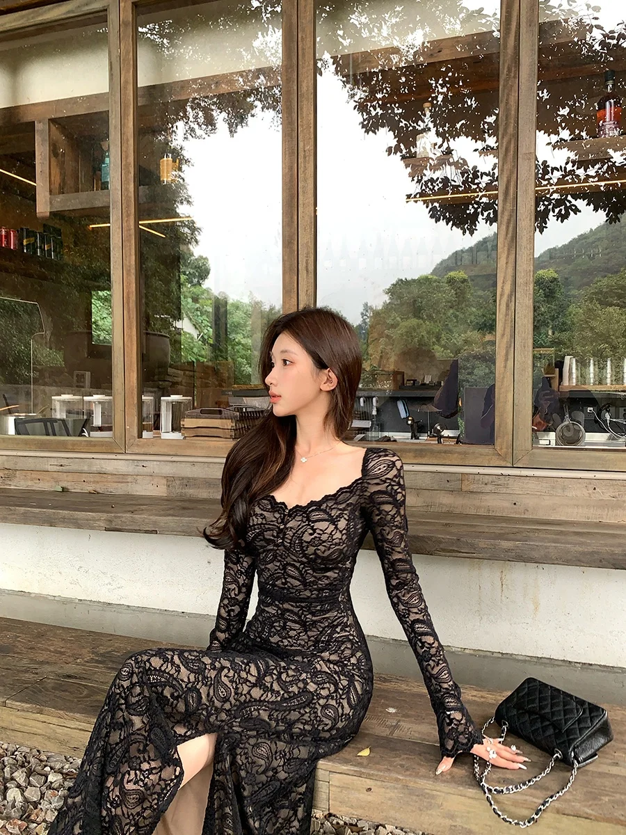 Vestido Largo de Encaje Blanco Achi para Mujer, con Cintura Ajustada, Relleno en el Pecho, Dobladillo Asimétrico, Tela de Nailon Elástica