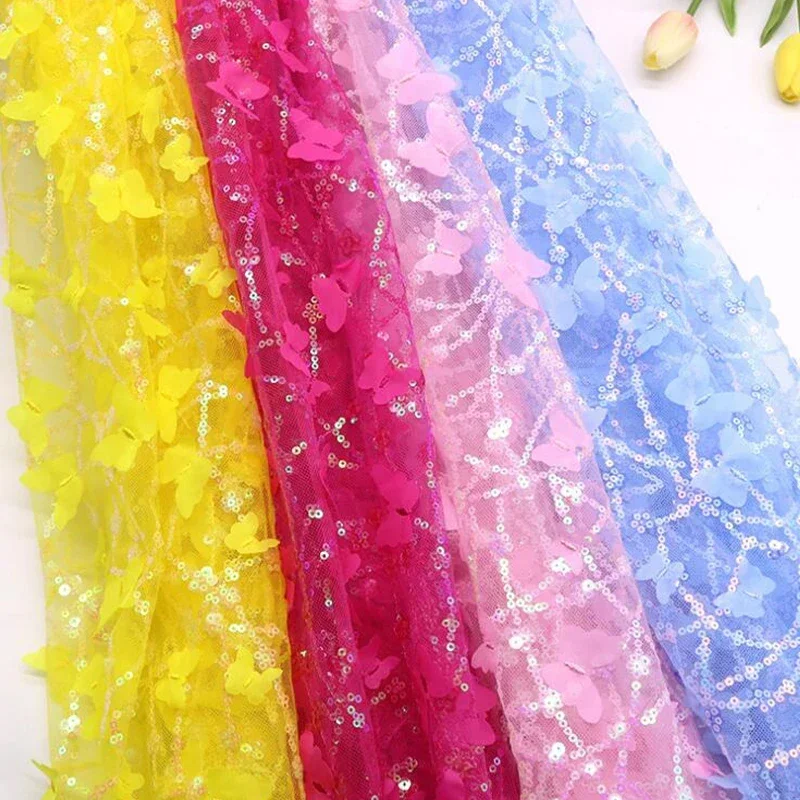 100x130cm 3D Butterfly Sequins Mesh Fabric High Quality Laser Embroidery Sequin Tulle Fabric DIY Dress Shawl Sewing Cloth