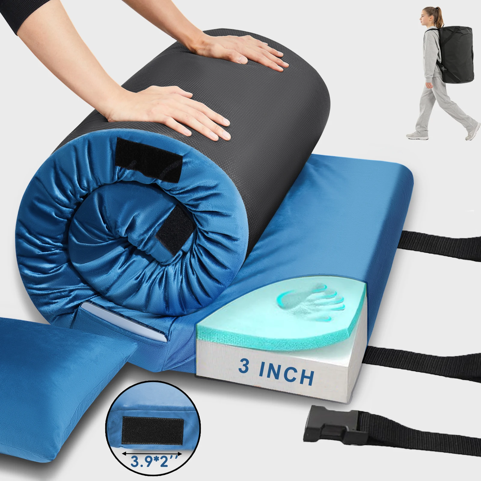 Colchoneta de camping azul de 2 x 6 pies y 3.1 pulgadas de grosor, colchón de espuma viscoelástica para camping con base antideslizante y funda lavable, colchoneta de camping enrollable portátil, colchoneta para dormir para adultos, cama de coche con bolsa de viaje