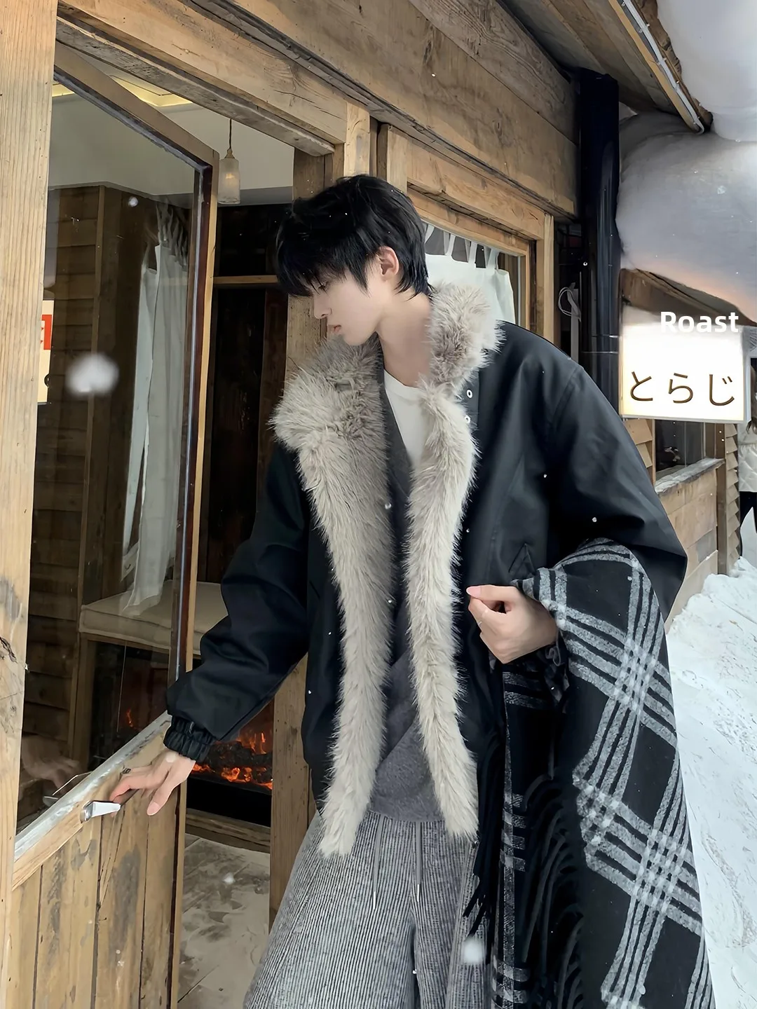 

Men's Suede ort Jaet Autumn Winter Thi Warm Cotton Coat Cleanfit Sli ort Cotton Clothing with Fur Collar