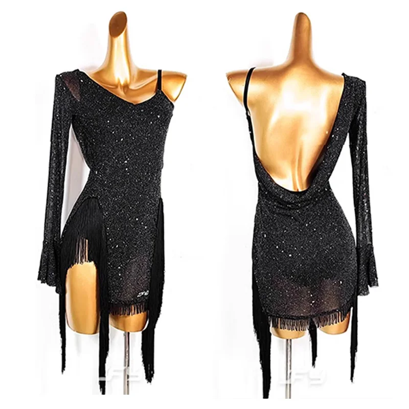 

Latin Dance Dress Women Single Sleeve Irregular Sexy Dresses Adult Tango Cha Cha Dance Practie Clothes Performance Outfit 3014