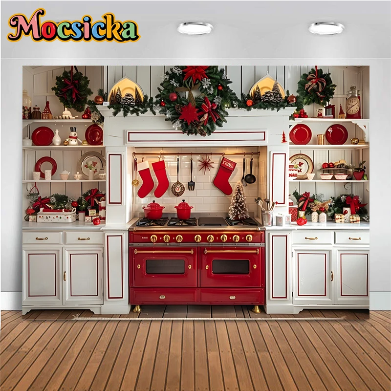 Christmas Kitchen Photo Background Baby Red Sock Green Restaurant Christmas Tree Big Backdrop Stand Decoration Fond Photo Studio