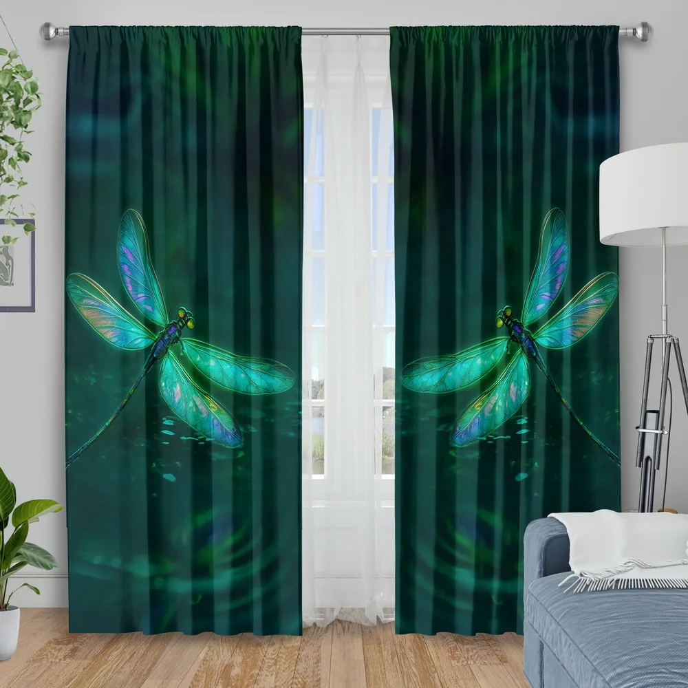 Decorative Dragonfly Curtains Green Nature Print Drapes for Living Room Bedroom Waterproof Window Treatments Panel Decor