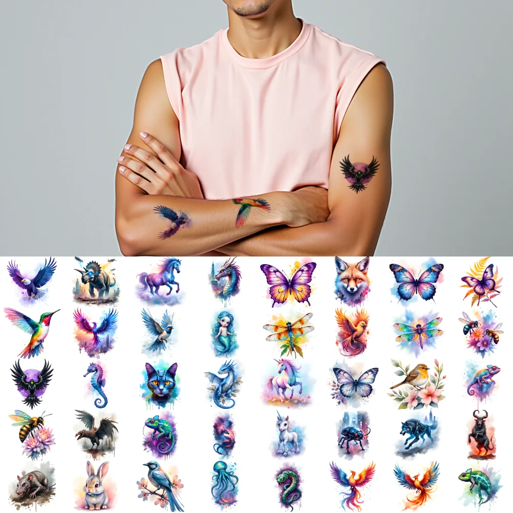 28pcs Temporary Tattoo Dragonfly Temporary Tattoo Stickers Cat Fox Watercolor Eagle For Ladies Children Cheeks