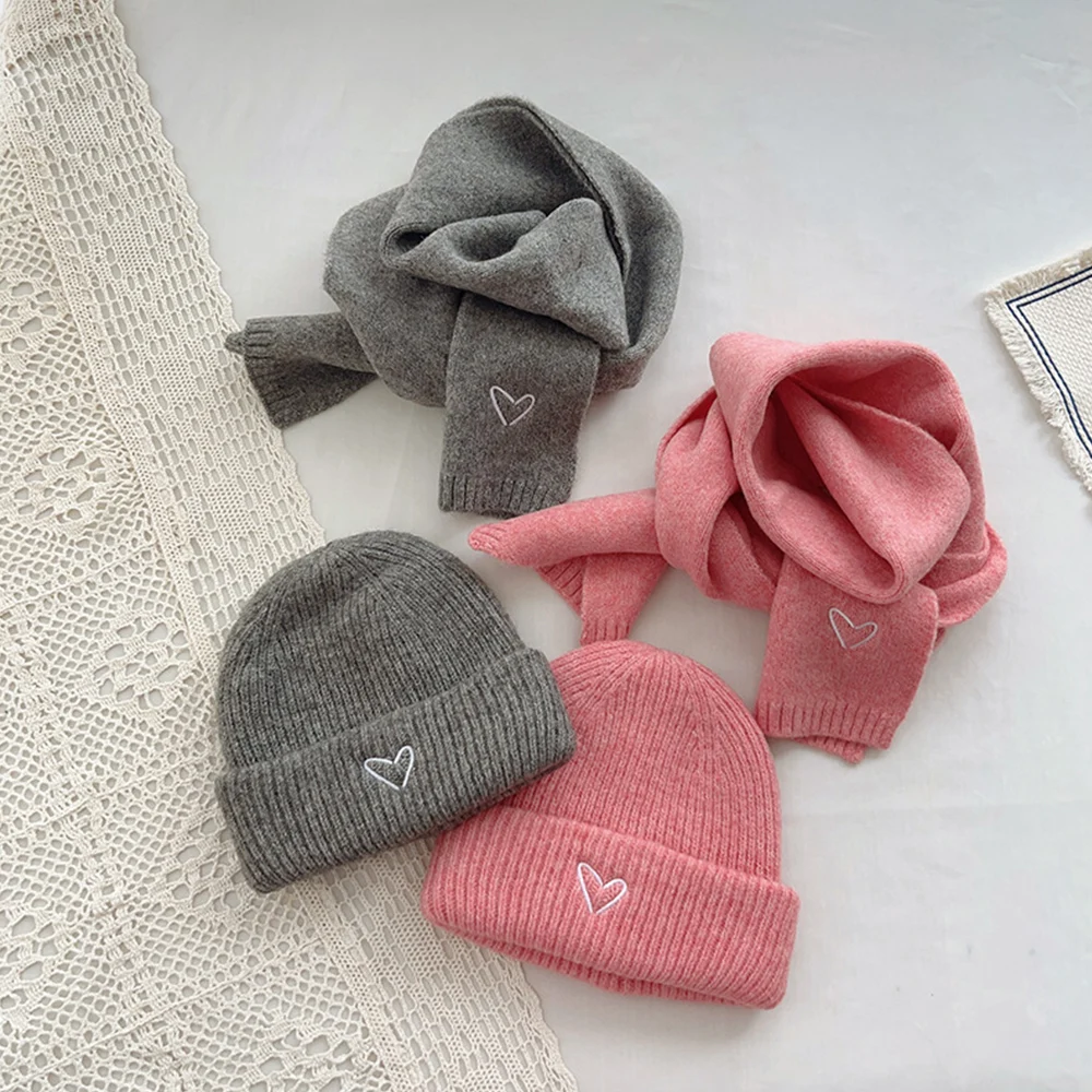 Solid Color Crochet Hat With Scarf Two-Piece Set Wool Knitting Skullies Cap Thicken Warm Neckerchief Child Winter Hat Scarf