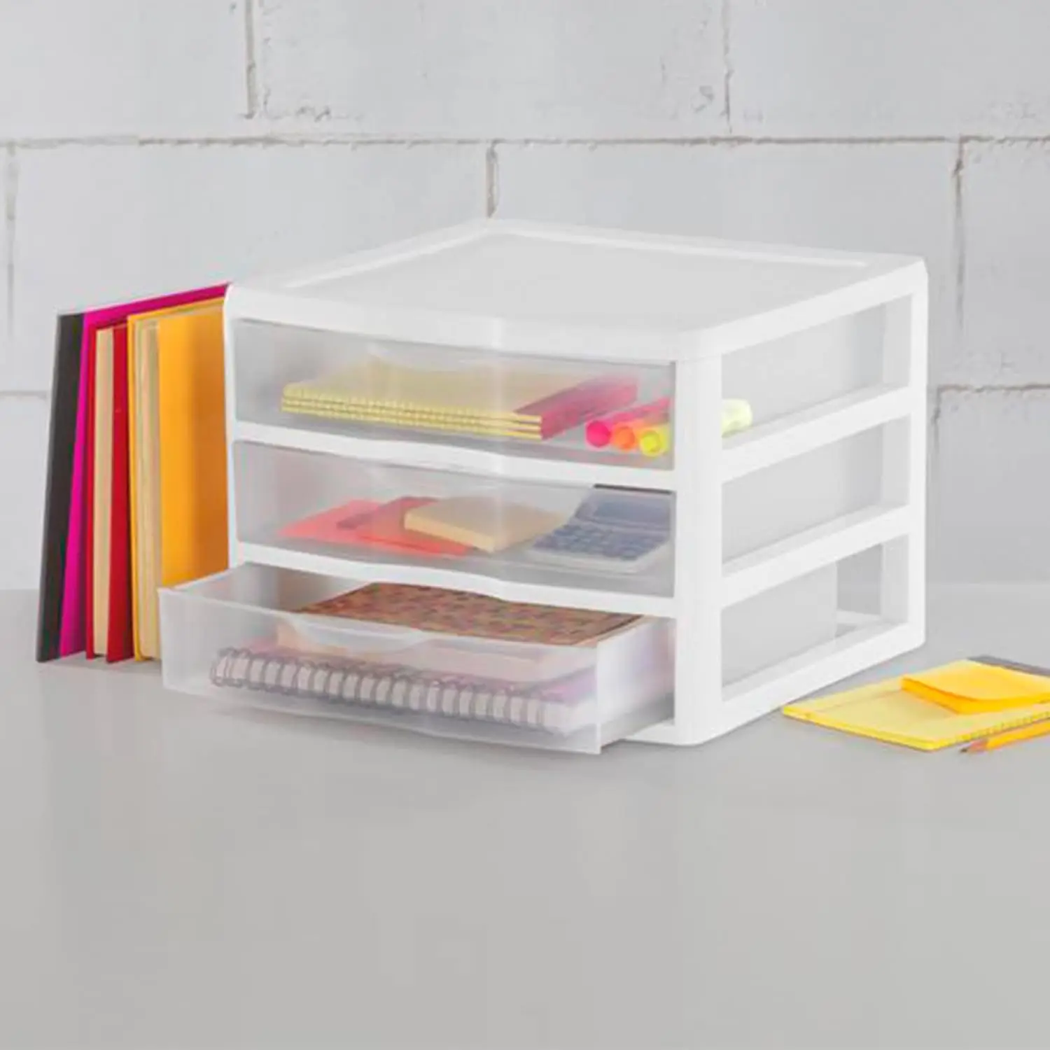 Petit système de stockage empilable en plastique transparent, cadre blanc, bureau à domicile, dortoir ou salle de bain, lot de 3