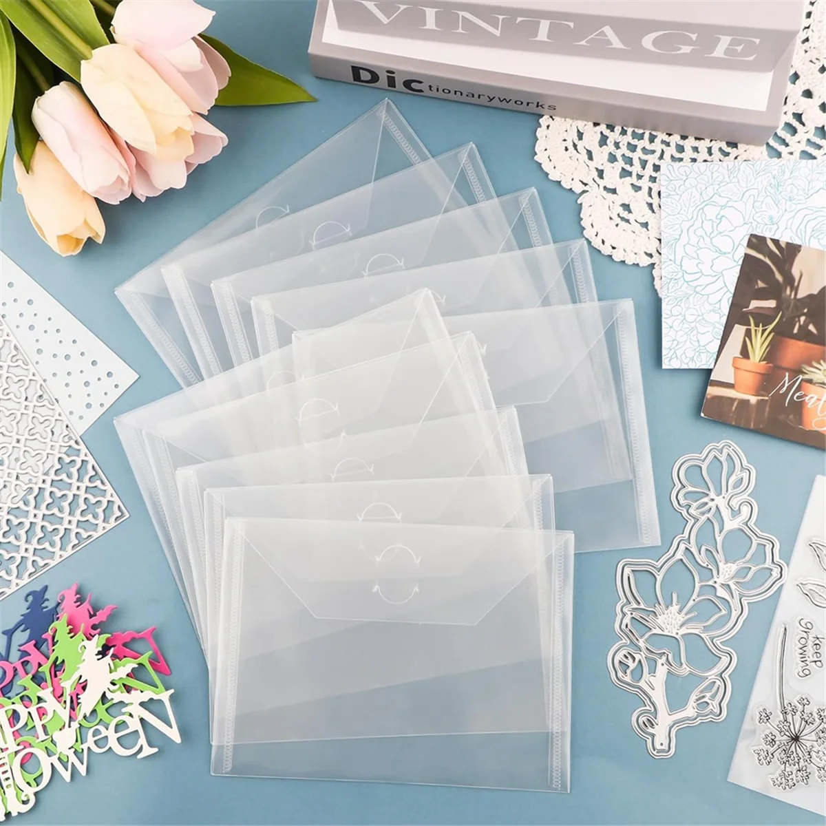 50Pcs 7x5In Storage Envelopes,Resealable Plastic Envelopes Pockets Storage Bag for Clear Stamp,Die Cuts,Scrapbook Paper