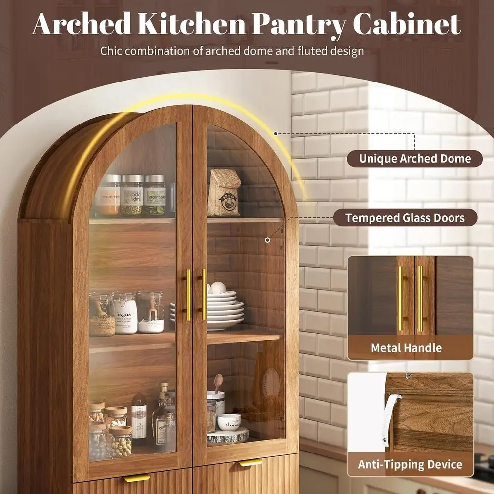 71 Walnut Arched Glass Door Kitchen Pantry Cabinet with Adjustable Shelves for Dining or Living Room view 3