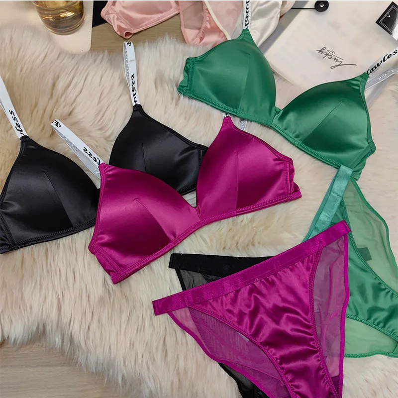 Underwear large breasts thin female summer lingerie glossy non-marking one-piece letters straps gathered triangle cup bra set