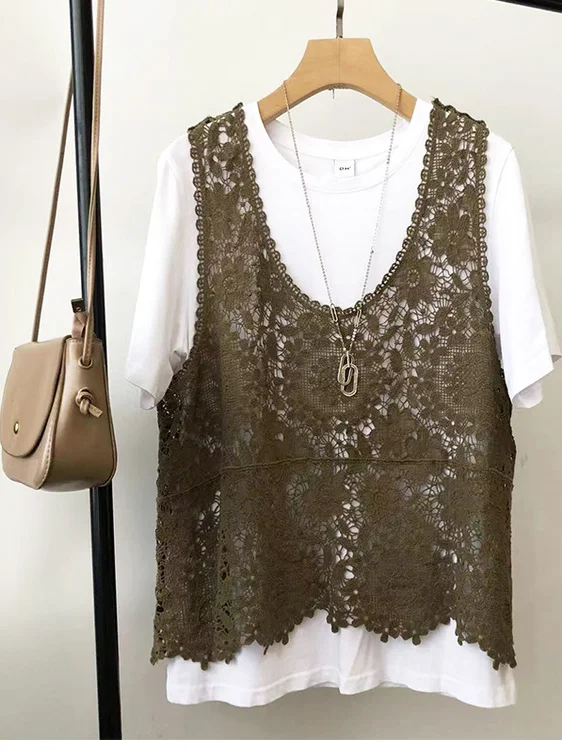 Gilet estivo in pizzo lavorato a maglia sottile Capispalla da donna di grandi dimensioni Scava fuori Anti-età irt Svel rotondo Ne Casual Sle