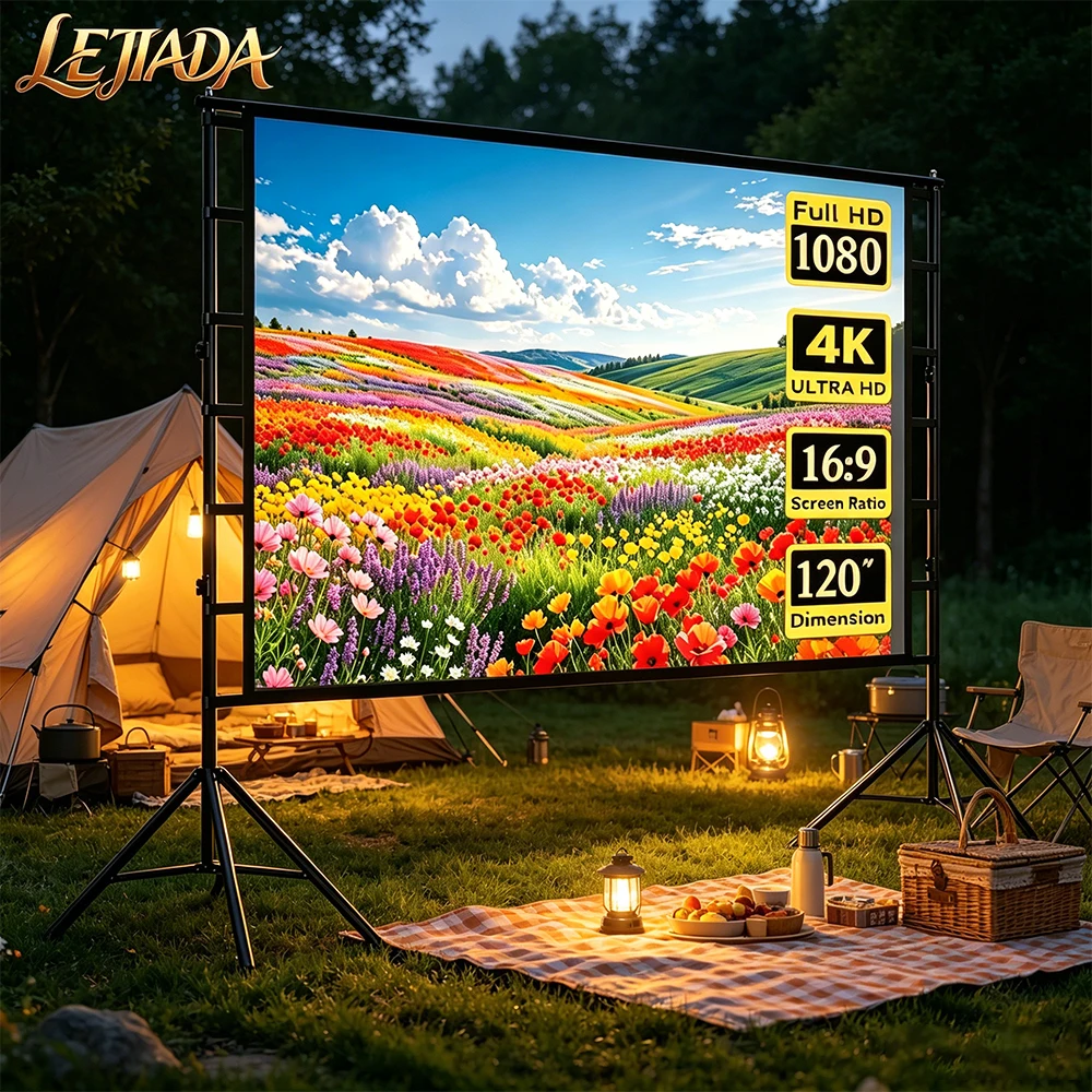LEJIADA Novo Suporte de Metal Duplo Triangular de 2,1M de Altura para Tela de Projeção, Ideal para Cinema em Casa, Acampamento e Festas, 60-120 polegadas Com acessórios à prova de vento Pano de projeção 4KHD anti-rugas