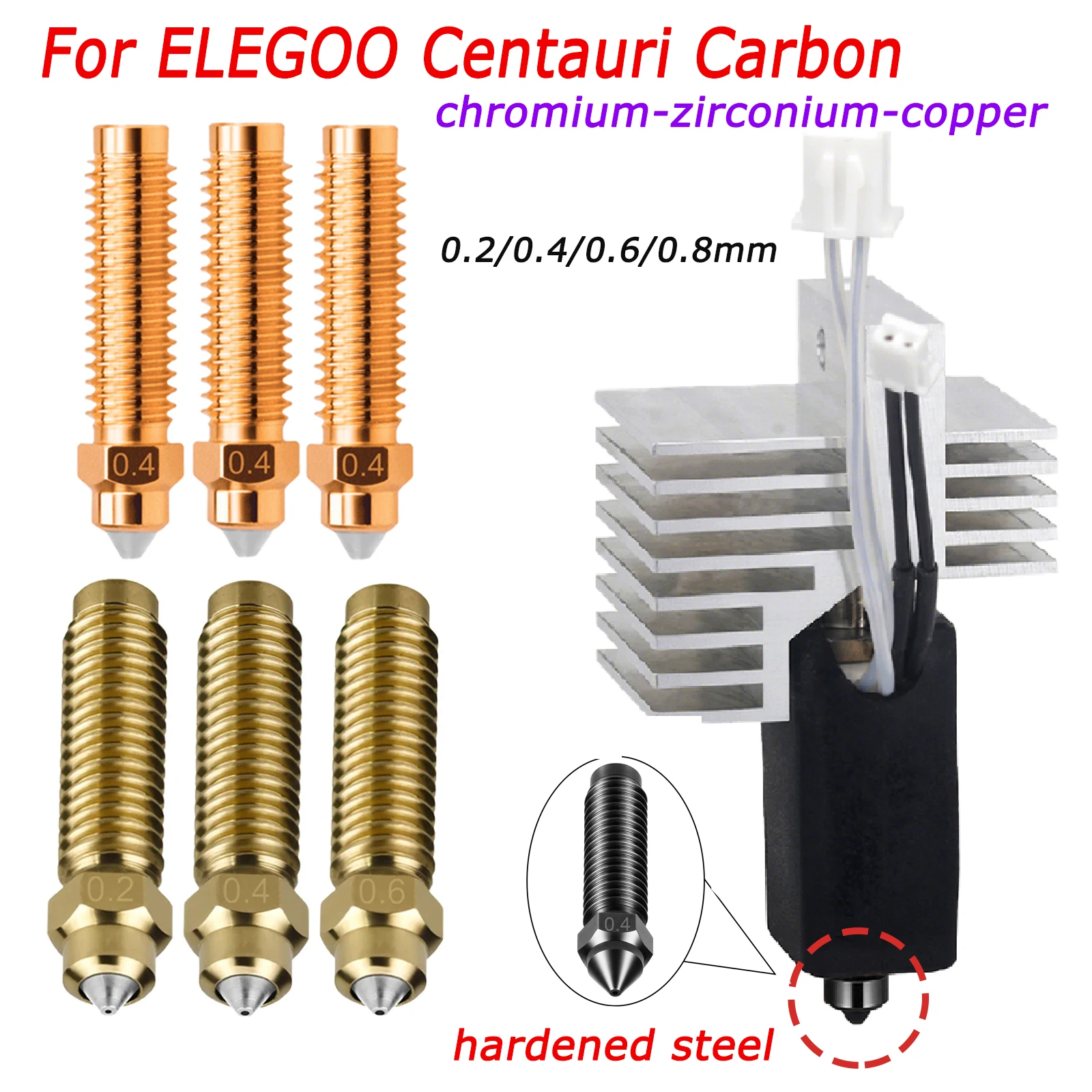 

For ELEGOO Centauri Chromium Zirconium Copper Bimetallic Nozzle 0.2/0.4/0.6/0.8mm Hardened Steel For Elegoo Centauri Carbon