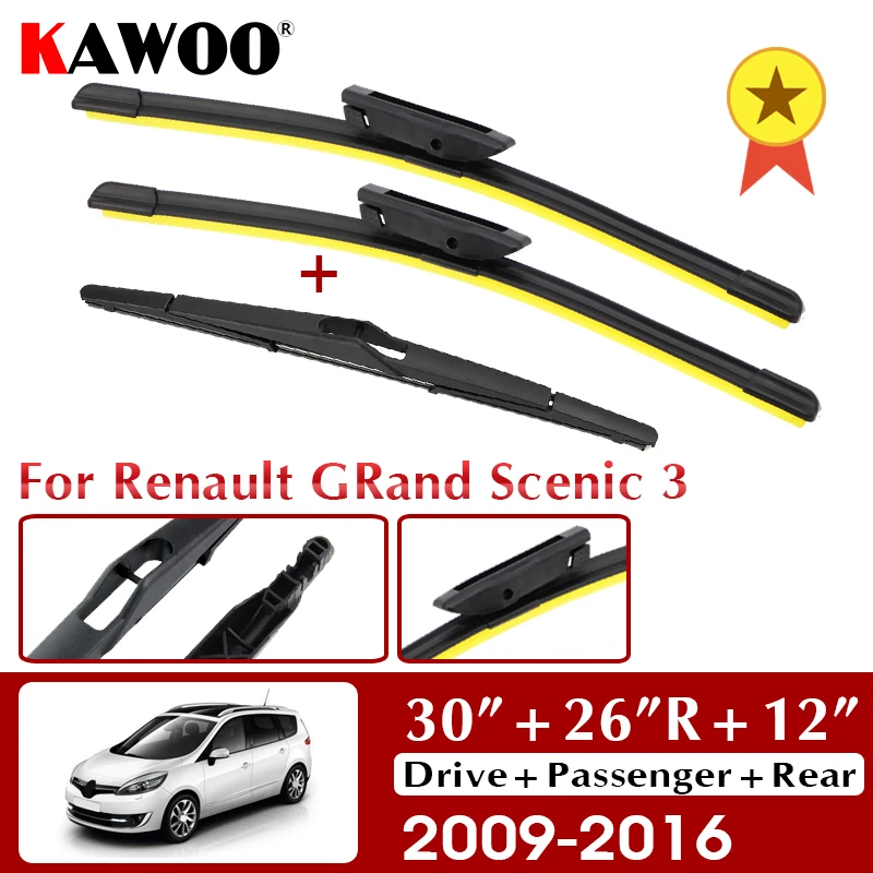 

KAWOO Wiper Front Rear Wiper Blades Set For Renault GRand Scenic 3 2009-2014 2015 2016 Windscreen Silicon Refill 30"+26"R+12"