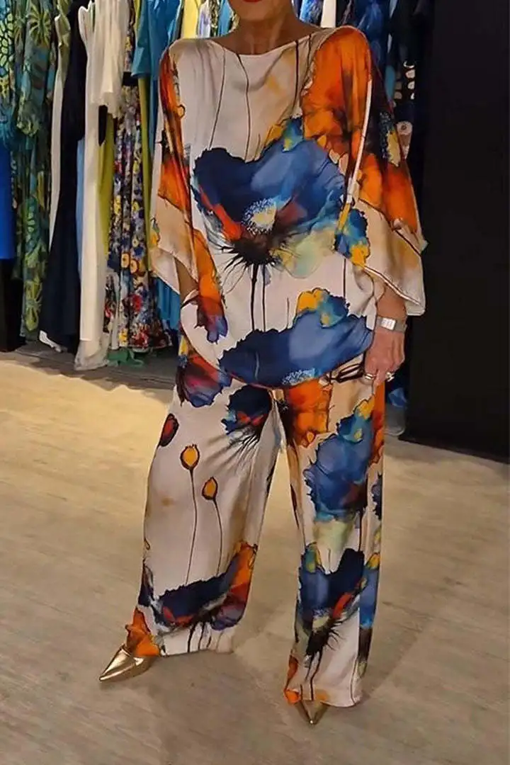 

Fashion Contrasting Color Print Suit Women Loose Casual Bat Sleeved Round Neck Top Lace Up Wide Leg Pants 2 Piece Set 2024 New