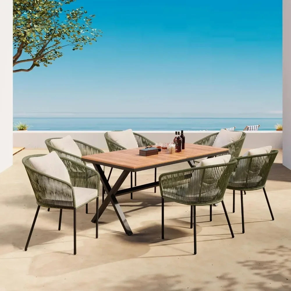 A 7-Pieces Outdoor Furniture Set with Dining Table and Chairs, Acacia Wood Tabletop & Metal Frame for Yard, Garden, Balcony