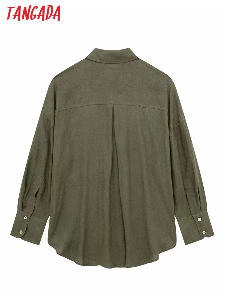 Tangada 2023 Women Solid Linen Oversized Shirt Long Sleeve Female Loose Blouse Tops 3H50