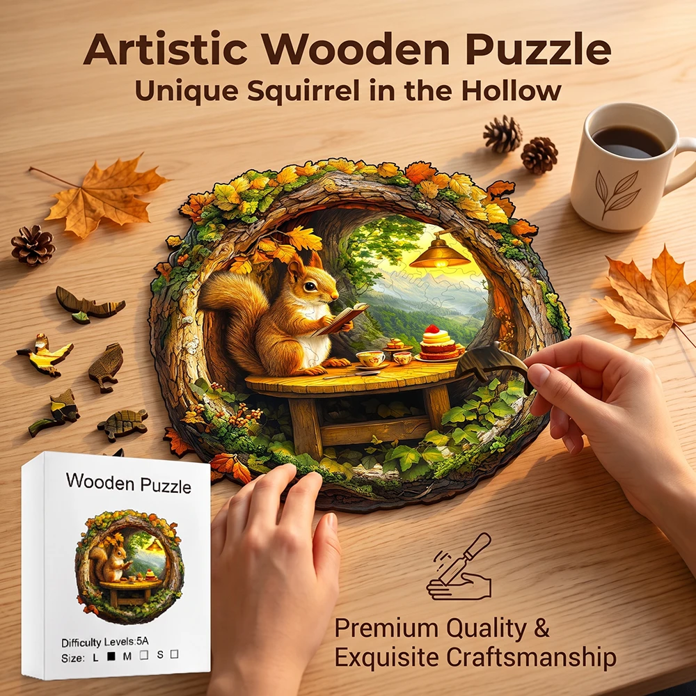 Cute Autumn Squirrel Tree Hollow Wooden Jigsaw Puzzle Unique Irregular Animal Shaped Pieces 5A Difficulty Eco Wood Stress Relief Game For Adults Kids Home Wall Decor Christmas Birthday Gift