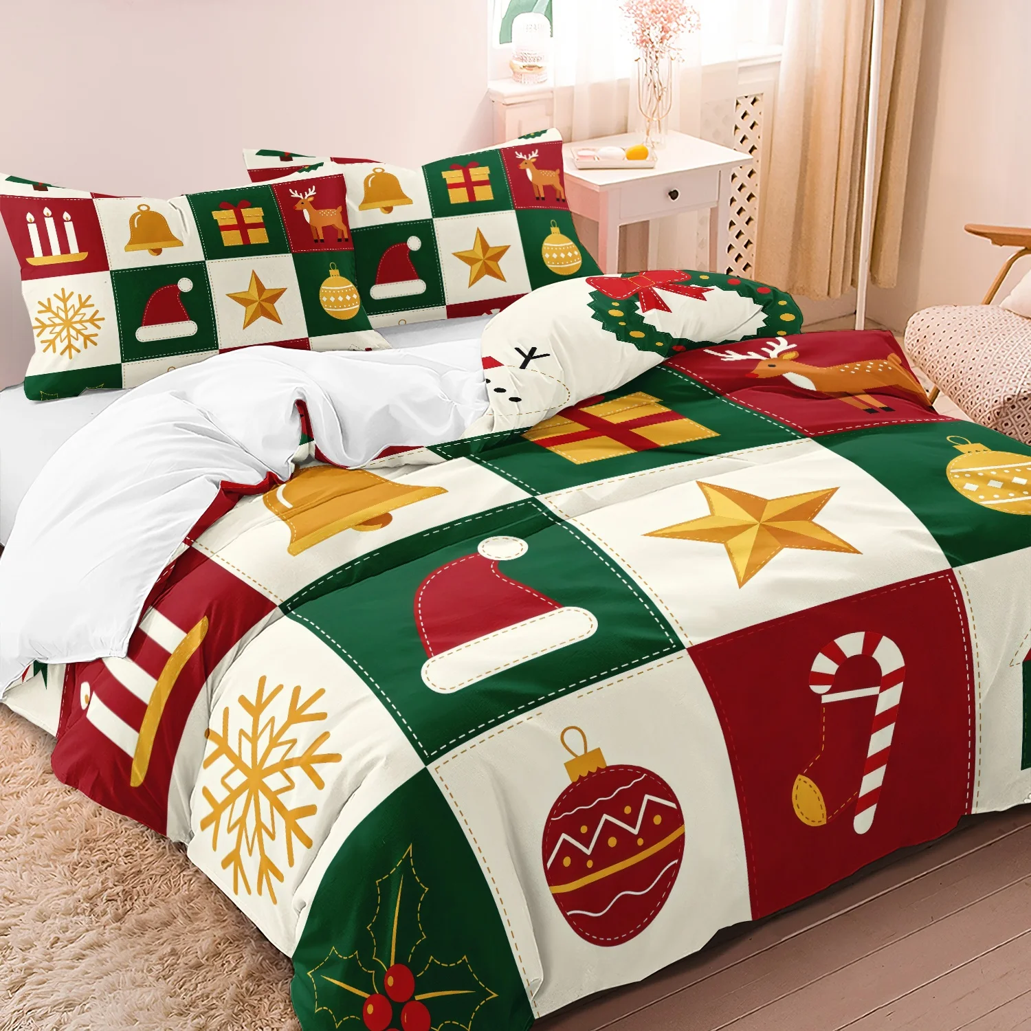 3Pcs Geometry Christmas Patchwork Print Duvet Cover Set, Red Green Grid Santa Hat Bell Snowflake Holiday Print Bedding