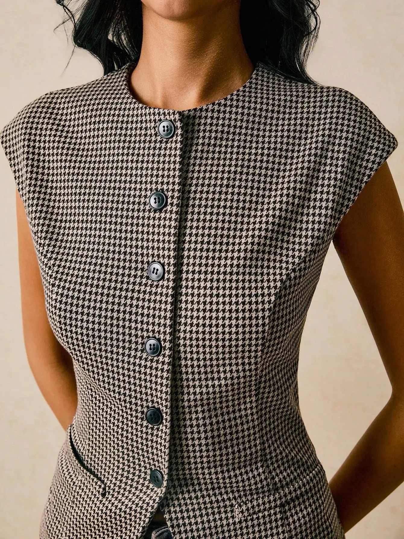 

Houndstooth Button Front Cap Sleeve Knit Top Women Vintage Preppy Waistcoat Blouse