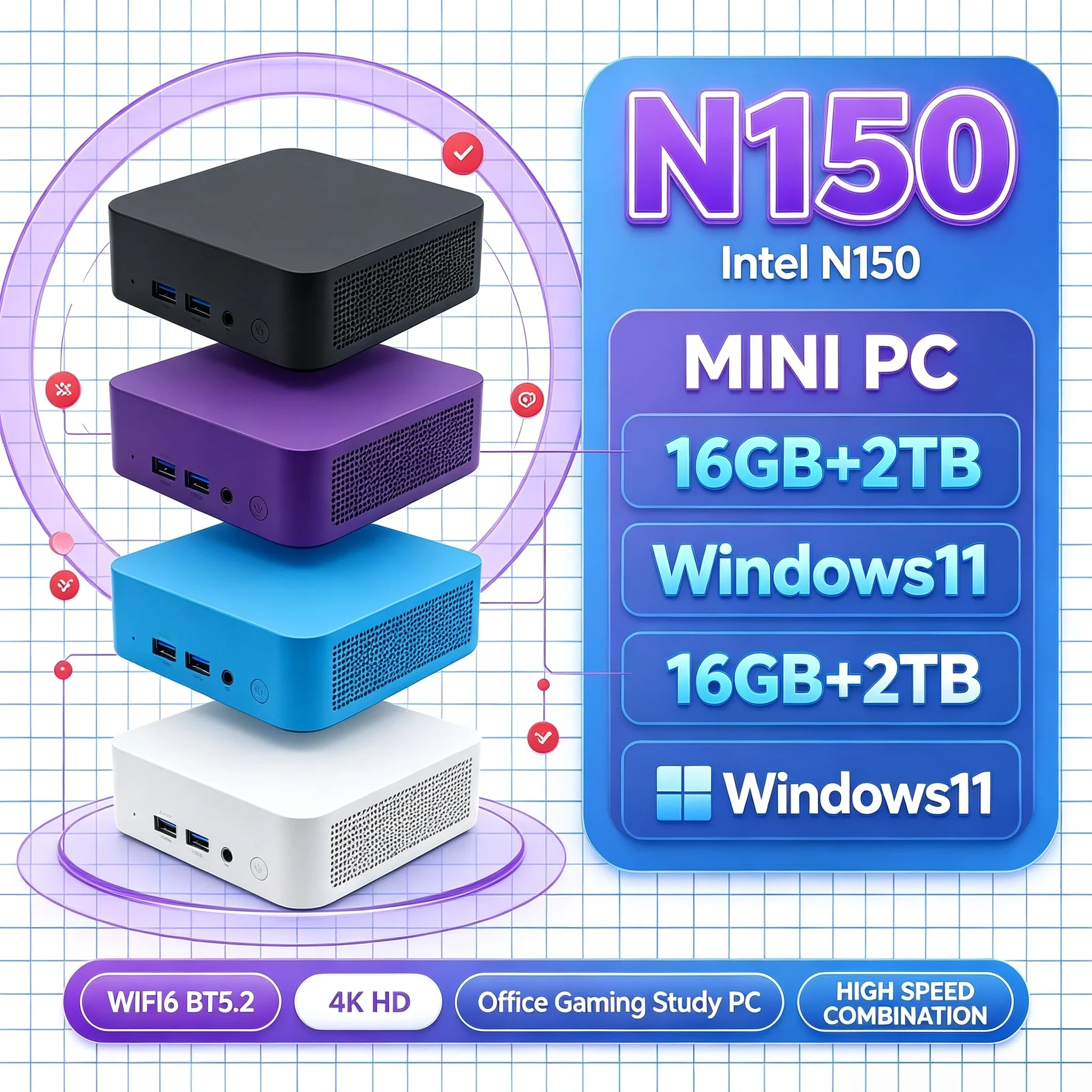 Energy‑Saving Mini Desktop Computer Intel N150 Windows 11 16GB RAM 1TB 2TB SSD WiFi6 BT5.2 4K UHD Study Gaming Small Mini PC
