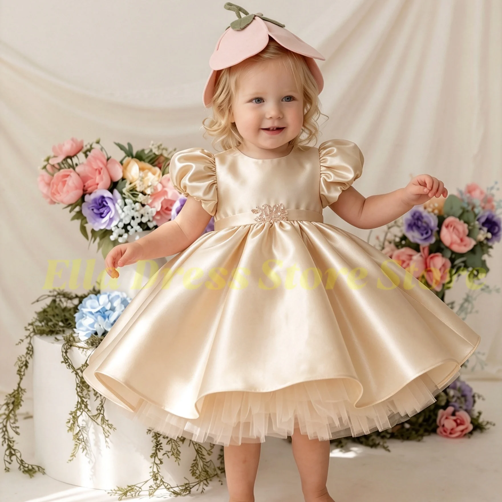 Großhandel Rosa Blumenmädchenkleid für Hochzeit Schleife Satin Teelang Mädchen Kinder Geburtstagsfeier Erstkommunion Kleid Maßanfertigung – Detail 4