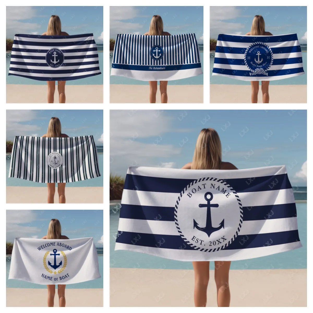 Personalized Custom Boat Name Beach Towel Nautical Striped Bath Towel for Adults Soft Quick Dry Perfect for Travel and Pool