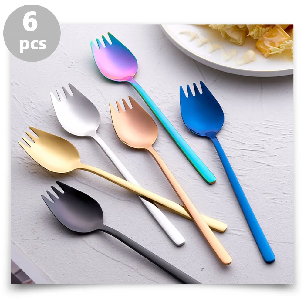 

6pcs Stainless Steel 2-In-1 Fork Spoon For Salad Fruit Noodles Appetizer Portable Camping Hiking Tableware Kitchen Supplies