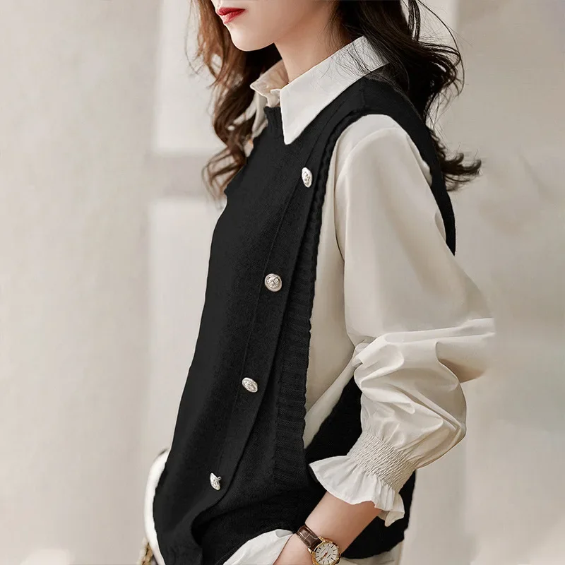 طقم قميص وسترة عصرية ملابس نسائية ربيعية باللون الأسود والأبيض قميص شبابي أنيق طقم قميص بولو بياقة كاملة #3