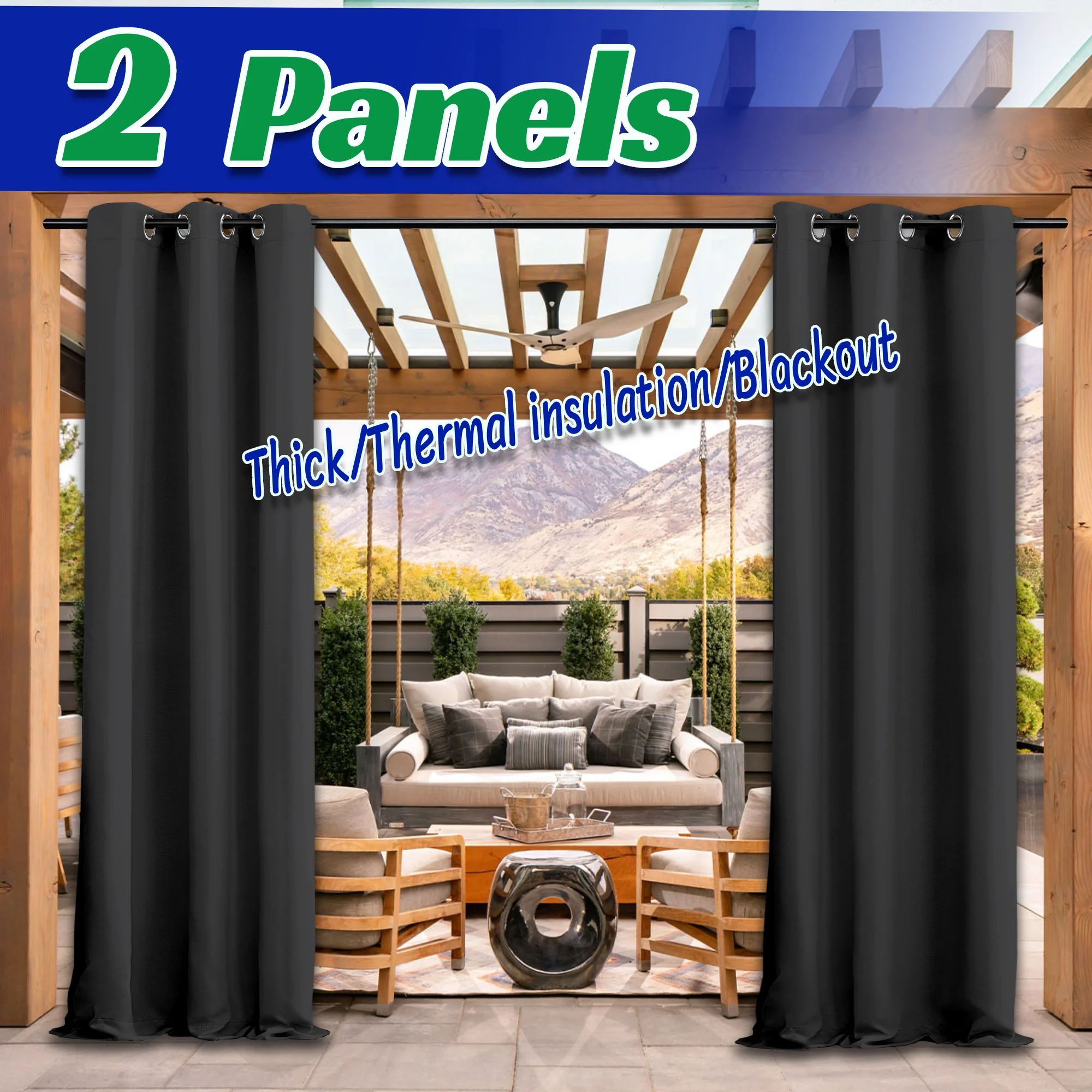 2PCS Outdoor Blackout Heavy Curtains, Privacy , Top Grommet Design, Windproof and Waterproof, Suitable for Porch and Gazebo