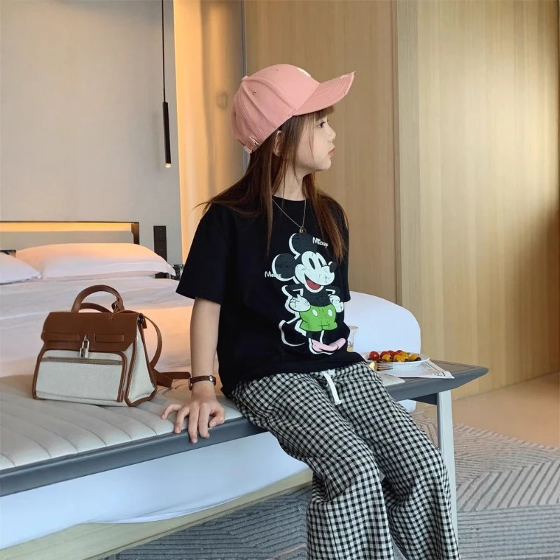 

2026 Black Cartoon Girls Tee, Big Kids Thin Cotton Short Sleeve Top Loose Fit Summer Casual T-Shirt New Arrival