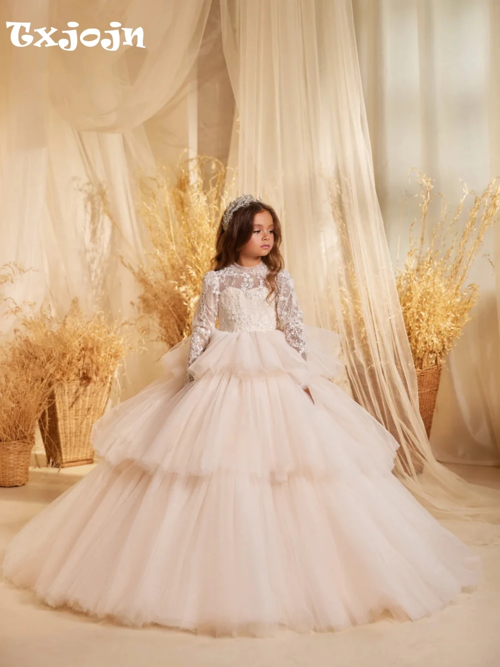 Glitter Luxury Beaded Tiered Tulle Princess Gown For Stage Performance Elegant High Collar Long Sleeve Girl Dresses Wedding Wear