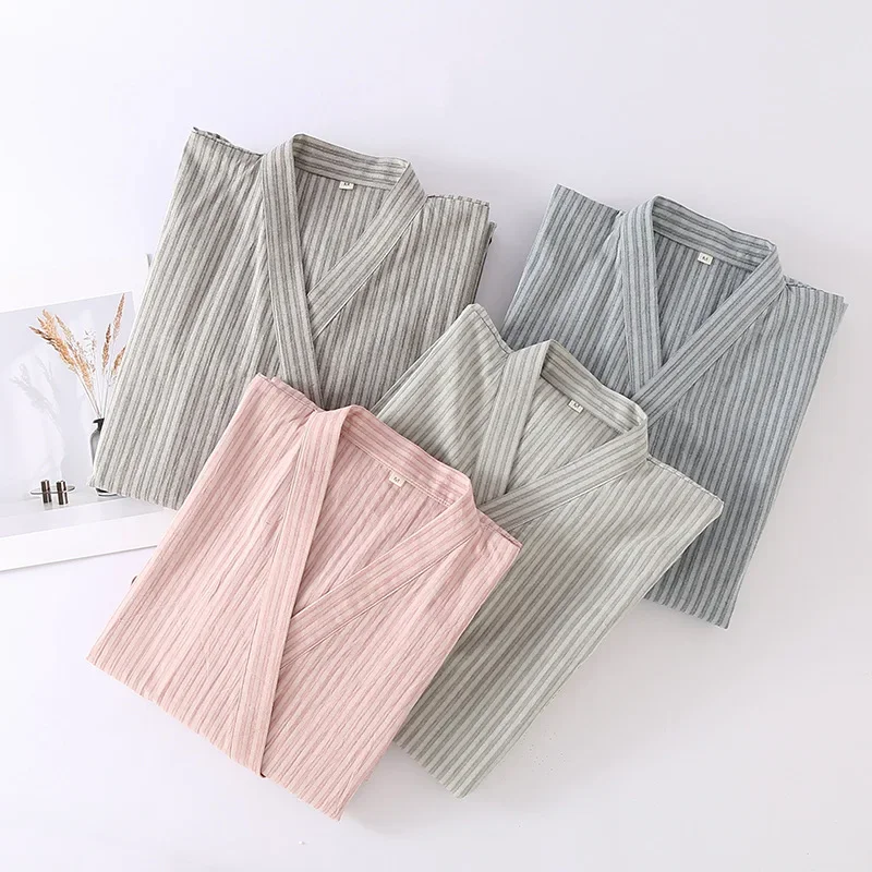 Couple Color Woven Cotton Kimono Robe Three Quarter Sleeve V-Neck Cardigan Bath Nightgown Strappy Loose Leisure Home Clothes
