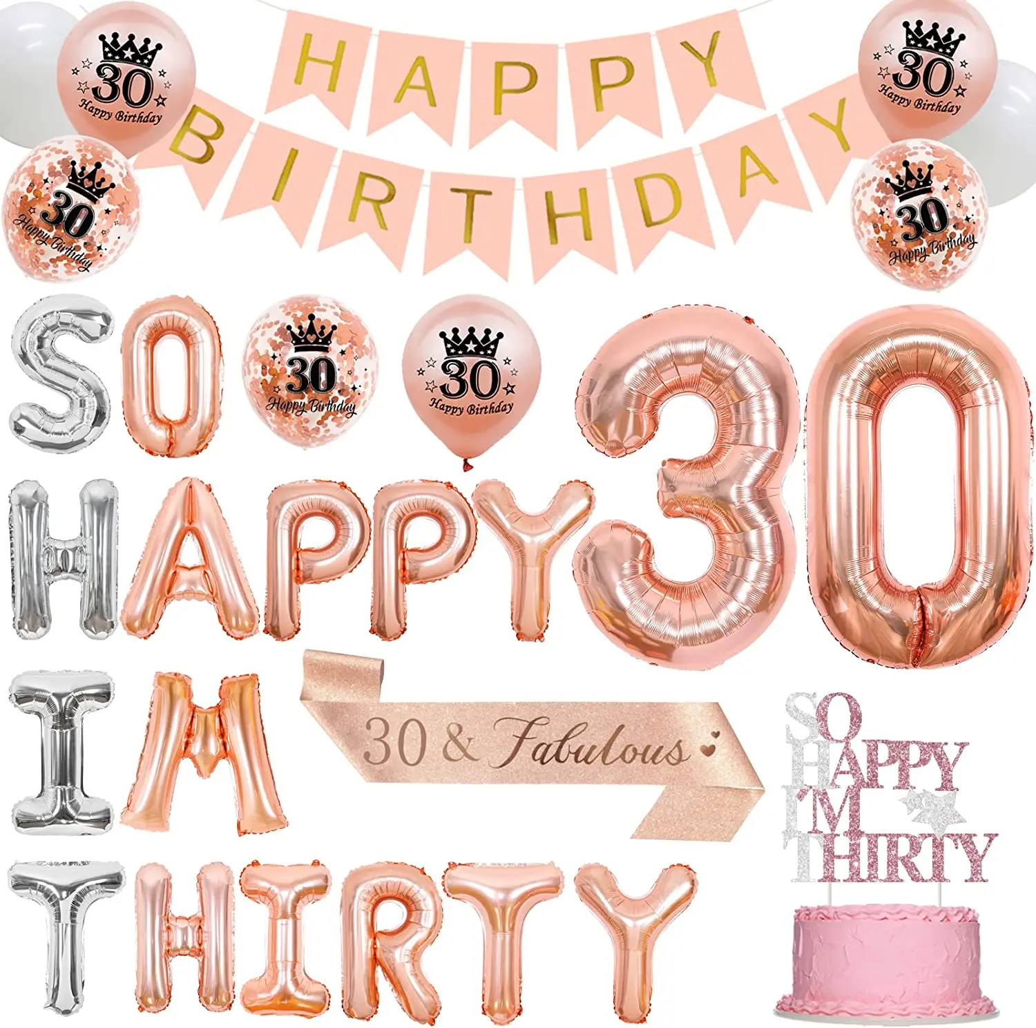 

30th Birthday Decorations for Women Rose Gold So Happy I’m Thirty Foil Balloons Sash for 30 Birthday Party Celebration Supplies