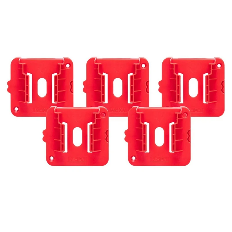 5 Piece Battery Holder For Milwaukee M18 18V Battery, Wall Mount Batteries Storage For Work Van, Shelf, Toolbox Red