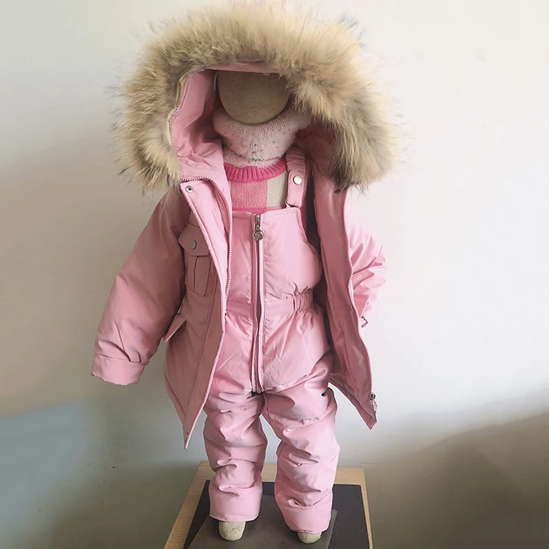 2pcs Set Baby Winter Down Jacket and Jumpsuit Thicken Infant Snowsuit Warm Children Coat Real Fur Collar Baby Set 1-4Years