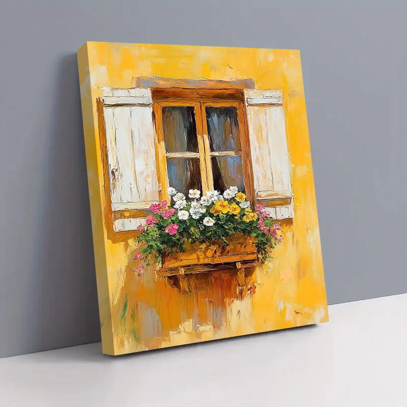 Vibrant Floral Window Canvas Art Print,Wrapped Wood Frame, Home Decor, Living Room Art Canvas Wall Art,Halloween Christmas Decor