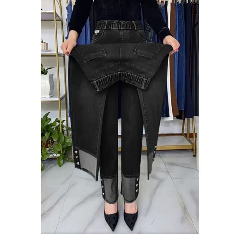 Jean femme d'âge moyen taille extensible pantalon en Denim droit grande taille ample taille haute décontractée noir bleu pantalon XT1238