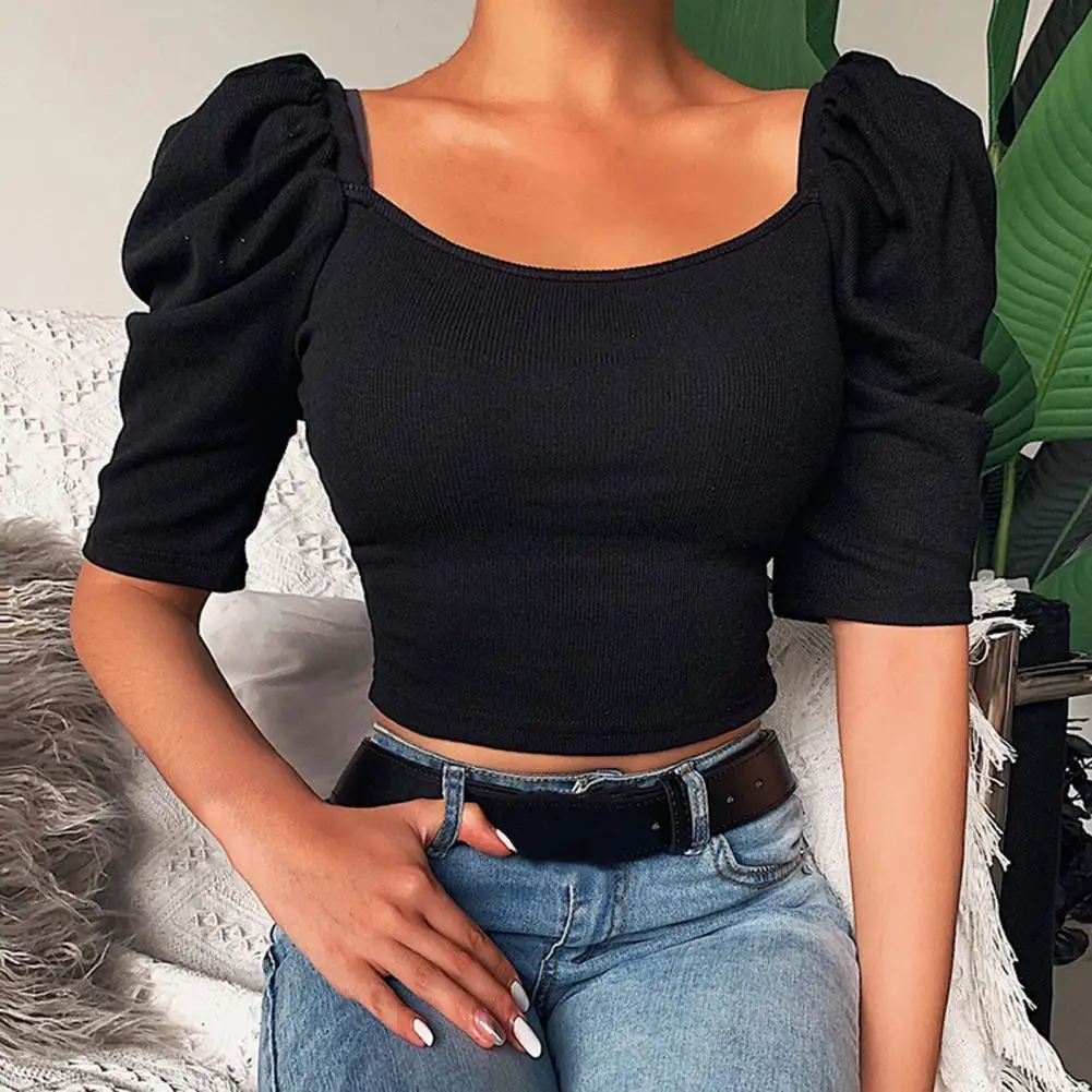 Elastic Women Top Fine Workmanship Women Pullover Top Cotton Blend Women Blouse Half Puff Sleeve Short T-shirt футболка